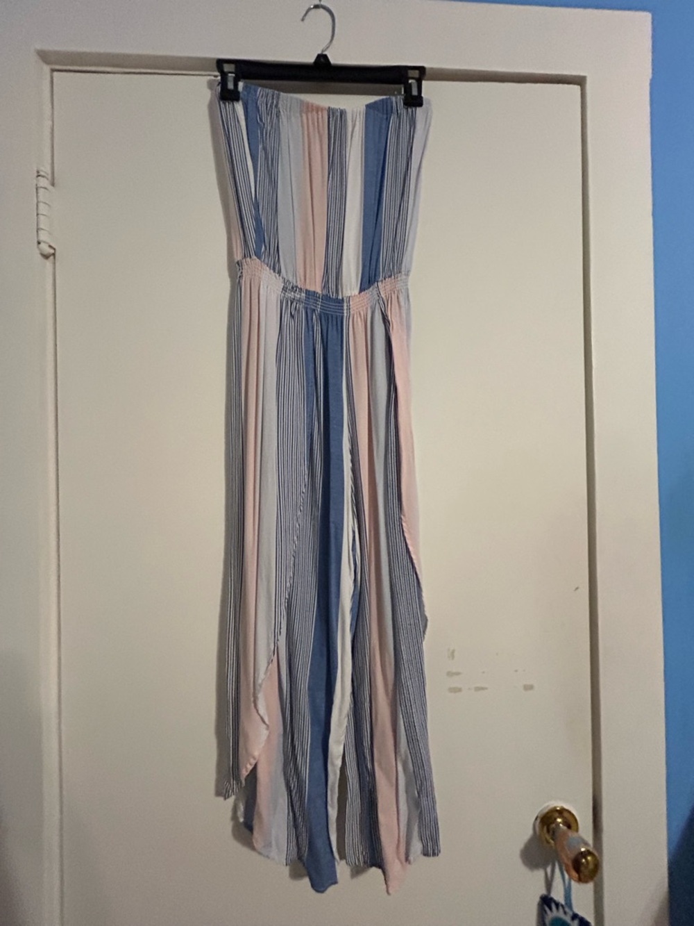 Ocean Drive Strapless Vertical Stripe Jumpsuit in Blue and Pink